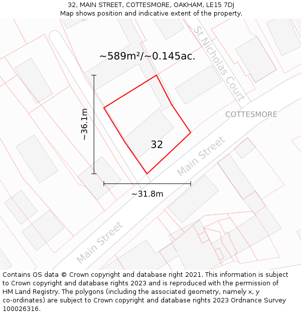 32, MAIN STREET, COTTESMORE, OAKHAM, LE15 7DJ: Plot and title map
