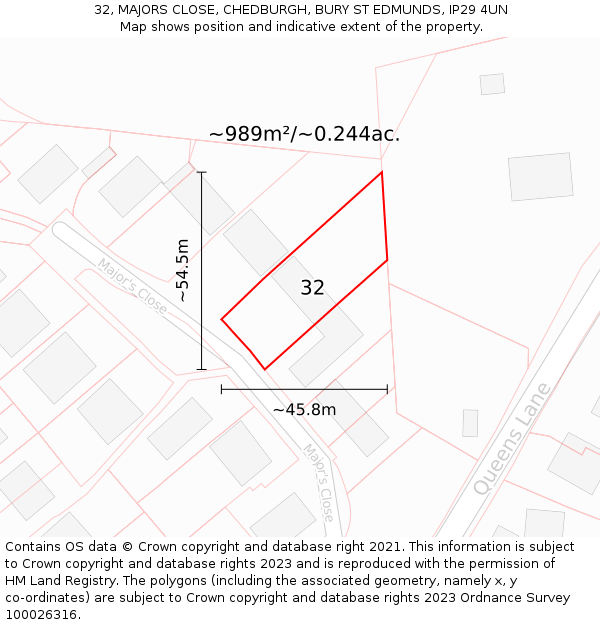 32, MAJORS CLOSE, CHEDBURGH, BURY ST EDMUNDS, IP29 4UN: Plot and title map