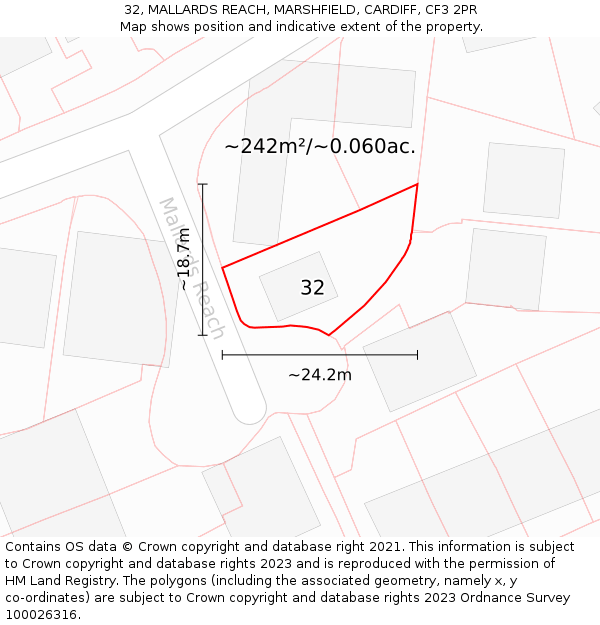 32, MALLARDS REACH, MARSHFIELD, CARDIFF, CF3 2PR: Plot and title map