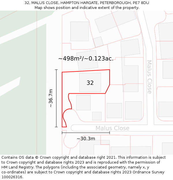32, MALUS CLOSE, HAMPTON HARGATE, PETERBOROUGH, PE7 8DU: Plot and title map