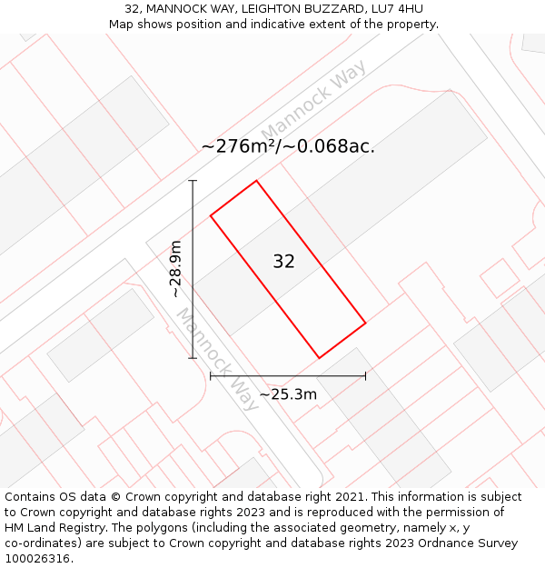 32, MANNOCK WAY, LEIGHTON BUZZARD, LU7 4HU: Plot and title map