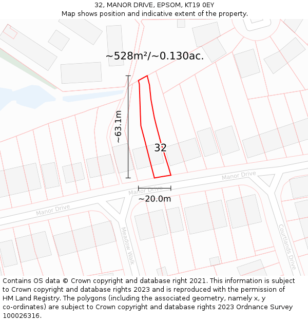 32, MANOR DRIVE, EPSOM, KT19 0EY: Plot and title map