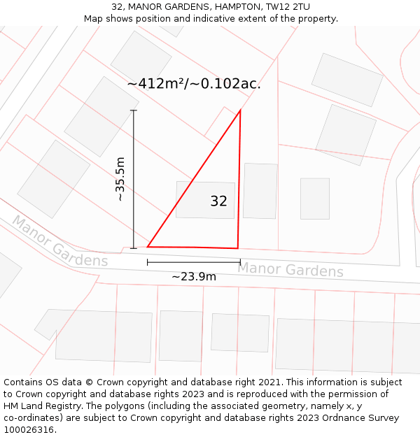 32, MANOR GARDENS, HAMPTON, TW12 2TU: Plot and title map