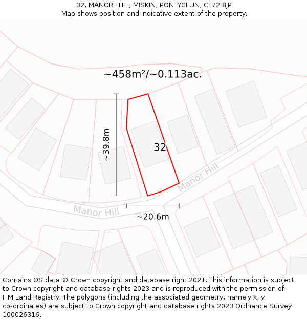 32, MANOR HILL, MISKIN, PONTYCLUN, CF72 8JP: Plot and title map