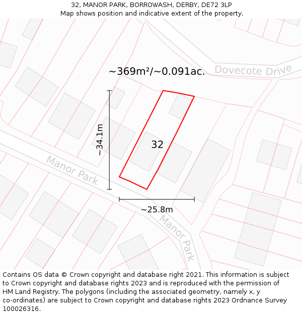 32, MANOR PARK, BORROWASH, DERBY, DE72 3LP: Plot and title map