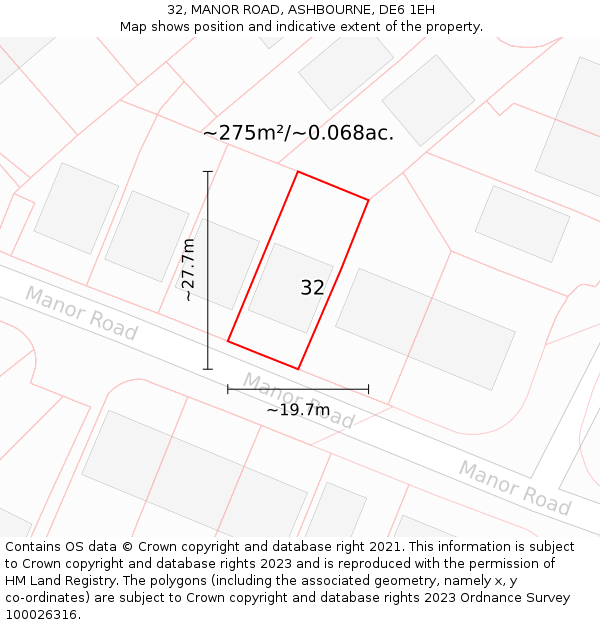 32, MANOR ROAD, ASHBOURNE, DE6 1EH: Plot and title map