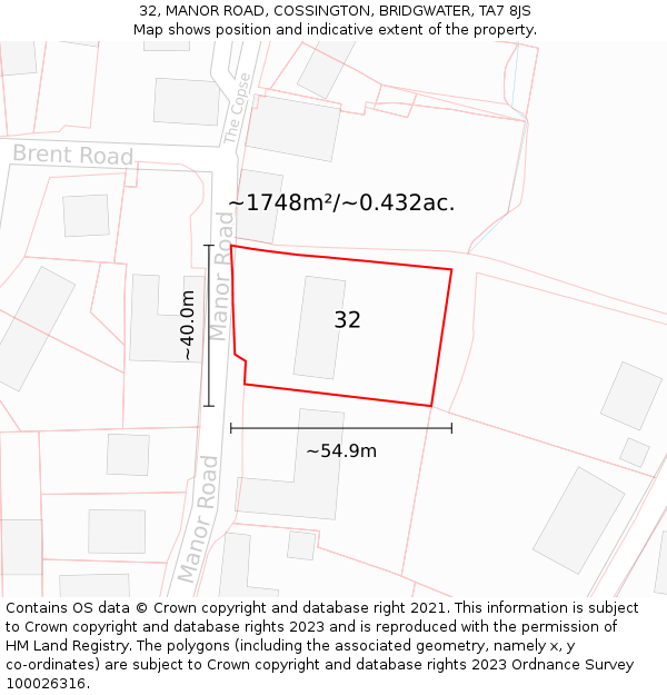 32, MANOR ROAD, COSSINGTON, BRIDGWATER, TA7 8JS: Plot and title map