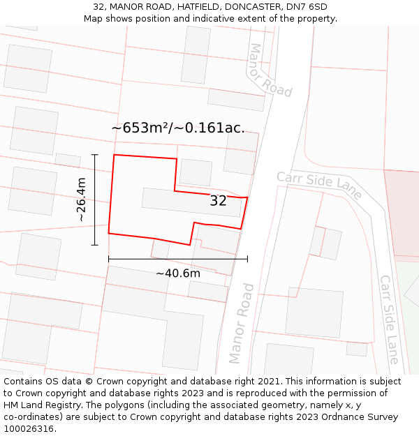 32, MANOR ROAD, HATFIELD, DONCASTER, DN7 6SD: Plot and title map