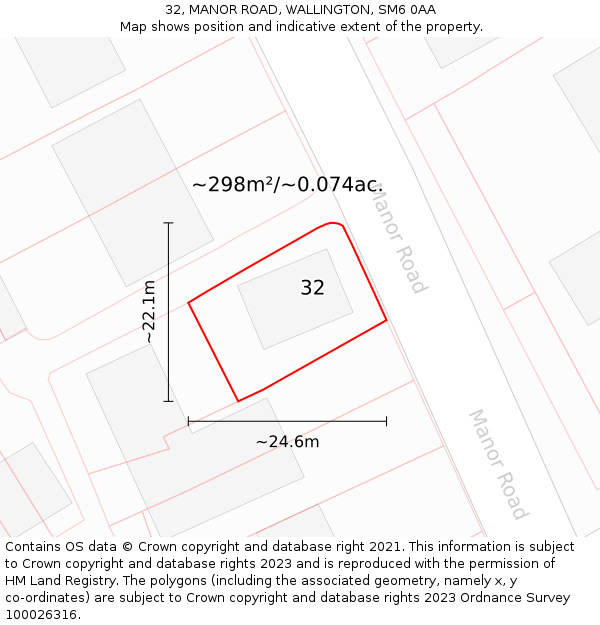 32, MANOR ROAD, WALLINGTON, SM6 0AA: Plot and title map