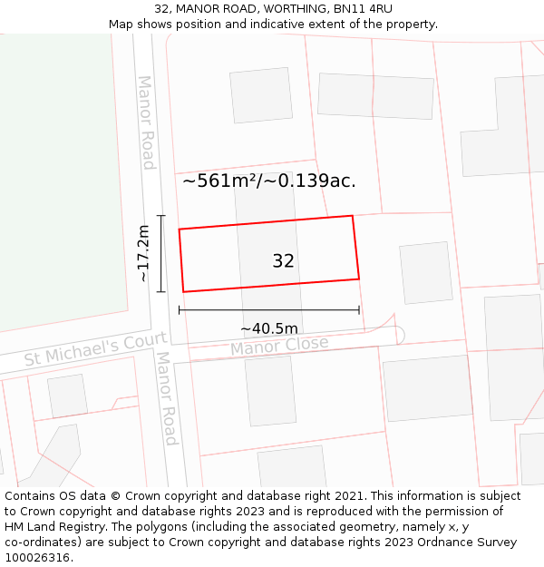 32, MANOR ROAD, WORTHING, BN11 4RU: Plot and title map
