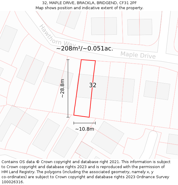 32, MAPLE DRIVE, BRACKLA, BRIDGEND, CF31 2PF: Plot and title map