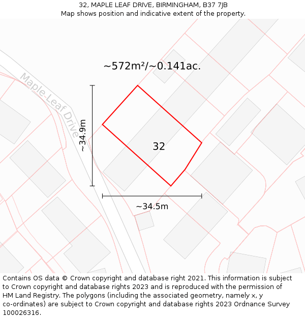 32, MAPLE LEAF DRIVE, BIRMINGHAM, B37 7JB: Plot and title map