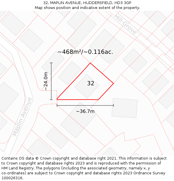 32, MAPLIN AVENUE, HUDDERSFIELD, HD3 3GP: Plot and title map