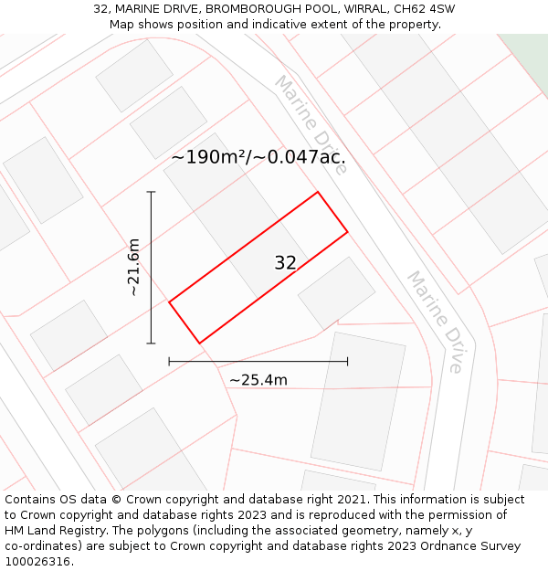 32, MARINE DRIVE, BROMBOROUGH POOL, WIRRAL, CH62 4SW: Plot and title map