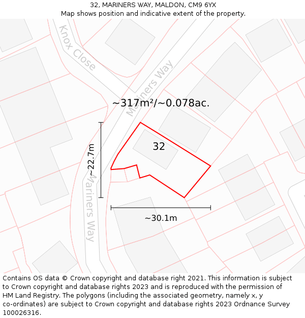 32, MARINERS WAY, MALDON, CM9 6YX: Plot and title map