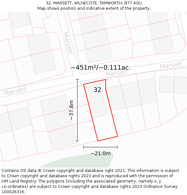 32, MARSETT, WILNECOTE, TAMWORTH, B77 4QU: Plot and title map