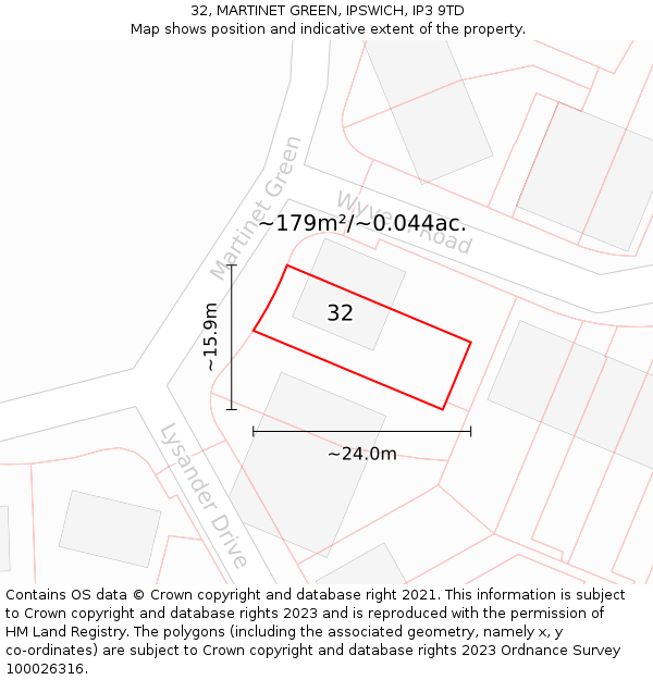 32, MARTINET GREEN, IPSWICH, IP3 9TD: Plot and title map