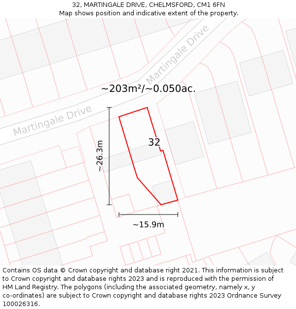 32, MARTINGALE DRIVE, CHELMSFORD, CM1 6FN: Plot and title map