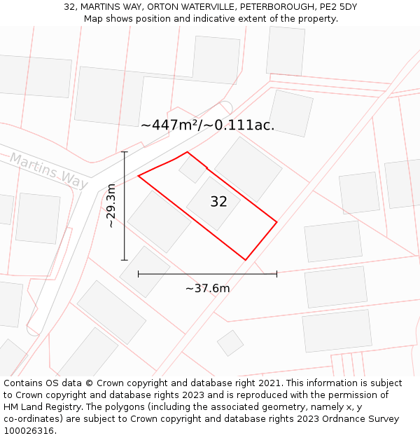 32, MARTINS WAY, ORTON WATERVILLE, PETERBOROUGH, PE2 5DY: Plot and title map