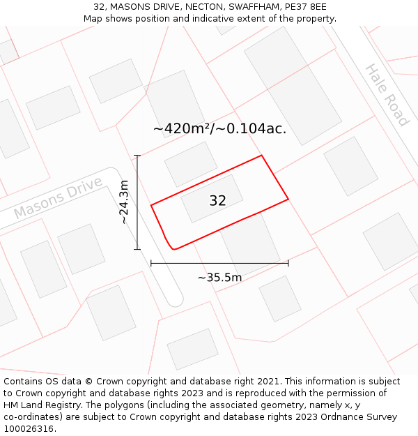 32, MASONS DRIVE, NECTON, SWAFFHAM, PE37 8EE: Plot and title map
