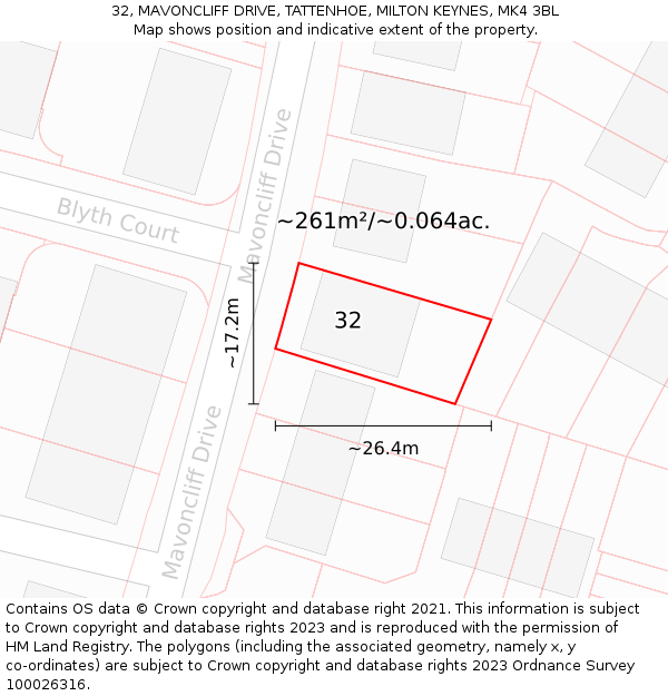 32, MAVONCLIFF DRIVE, TATTENHOE, MILTON KEYNES, MK4 3BL: Plot and title map