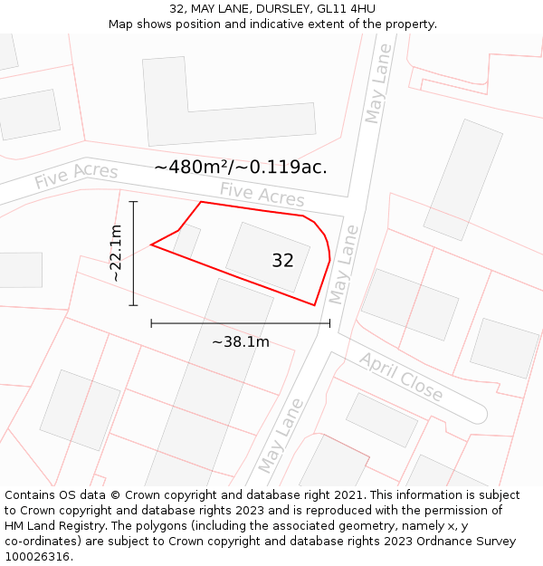 32, MAY LANE, DURSLEY, GL11 4HU: Plot and title map