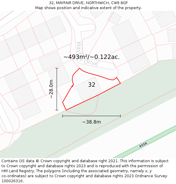 32, MAYFAIR DRIVE, NORTHWICH, CW9 8GF: Plot and title map