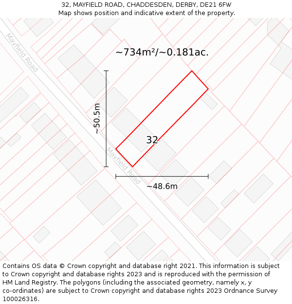 32, MAYFIELD ROAD, CHADDESDEN, DERBY, DE21 6FW: Plot and title map