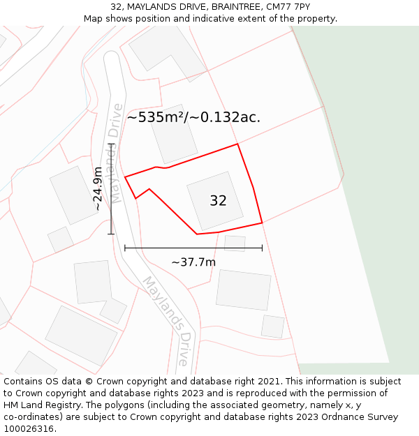 32, MAYLANDS DRIVE, BRAINTREE, CM77 7PY: Plot and title map