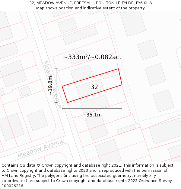 32, MEADOW AVENUE, PREESALL, POULTON-LE-FYLDE, FY6 0HA: Plot and title map