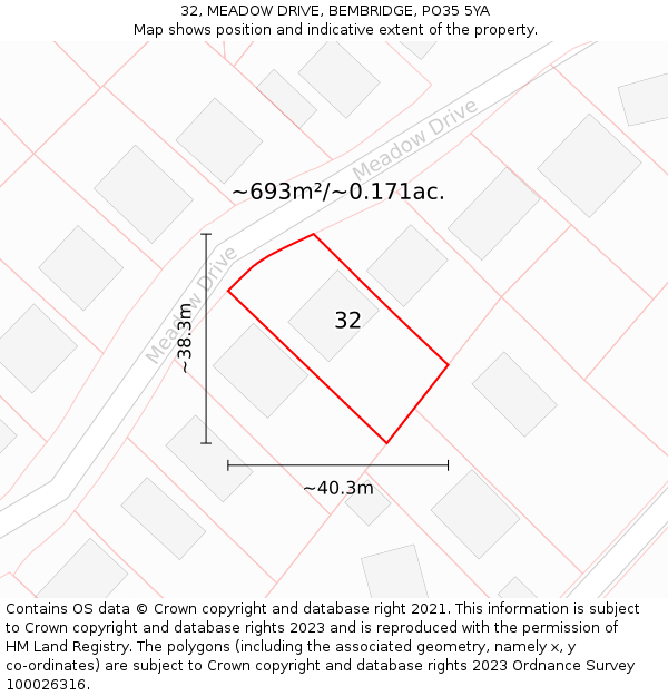 32, MEADOW DRIVE, BEMBRIDGE, PO35 5YA: Plot and title map