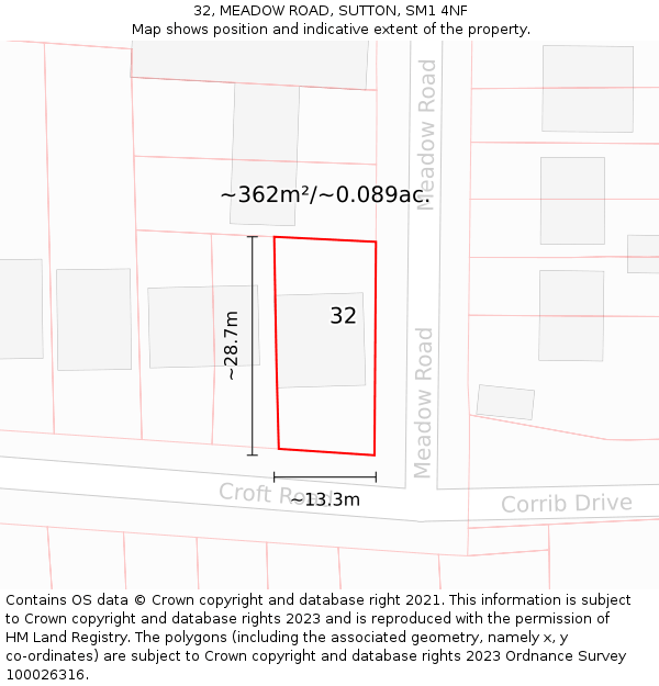 32, MEADOW ROAD, SUTTON, SM1 4NF: Plot and title map