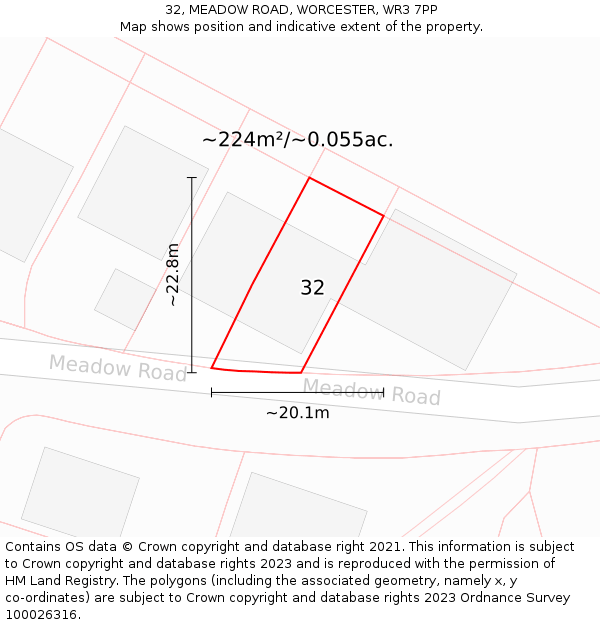 32, MEADOW ROAD, WORCESTER, WR3 7PP: Plot and title map