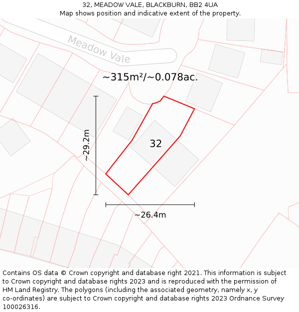32, MEADOW VALE, BLACKBURN, BB2 4UA: Plot and title map