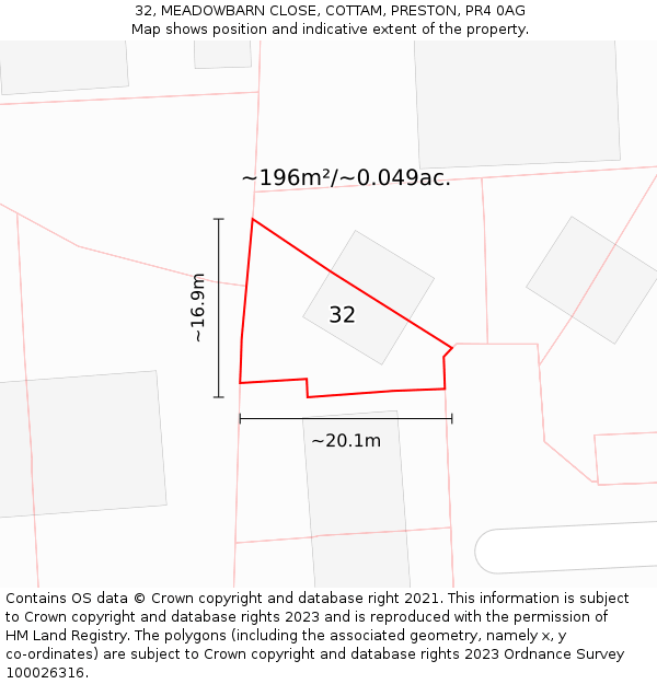 32, MEADOWBARN CLOSE, COTTAM, PRESTON, PR4 0AG: Plot and title map