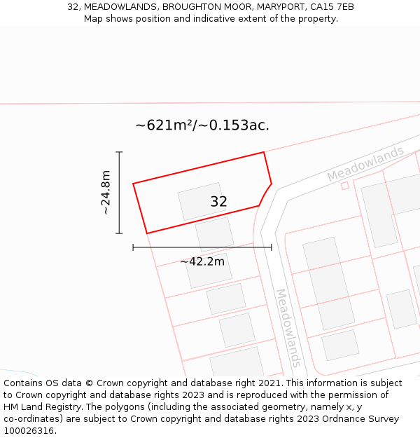 32, MEADOWLANDS, BROUGHTON MOOR, MARYPORT, CA15 7EB: Plot and title map