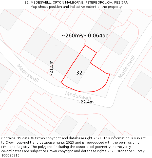 32, MEDESWELL, ORTON MALBORNE, PETERBOROUGH, PE2 5PA: Plot and title map