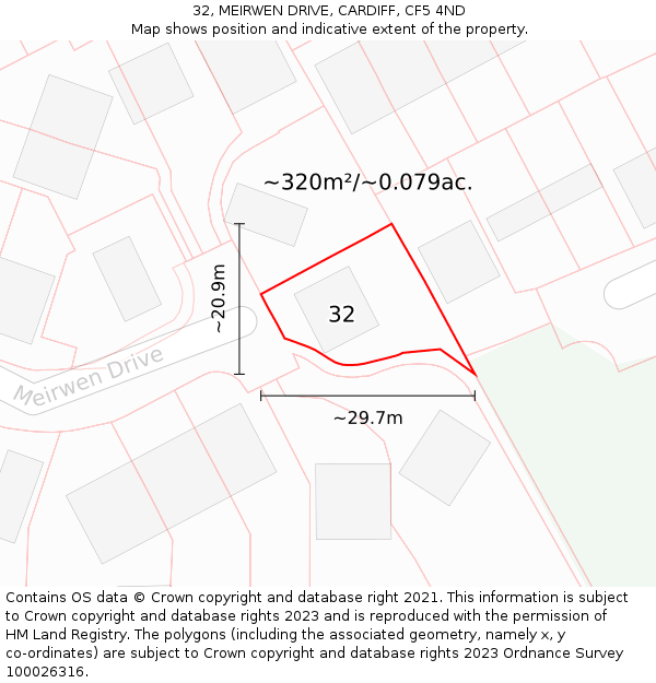 32, MEIRWEN DRIVE, CARDIFF, CF5 4ND: Plot and title map