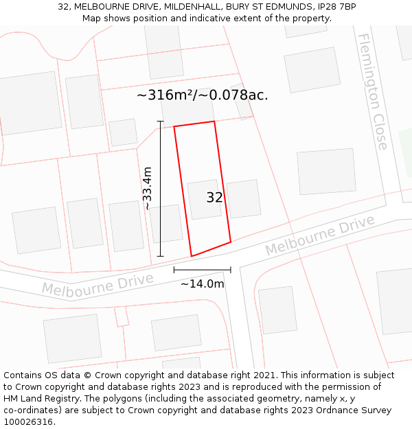 32, MELBOURNE DRIVE, MILDENHALL, BURY ST EDMUNDS, IP28 7BP: Plot and title map