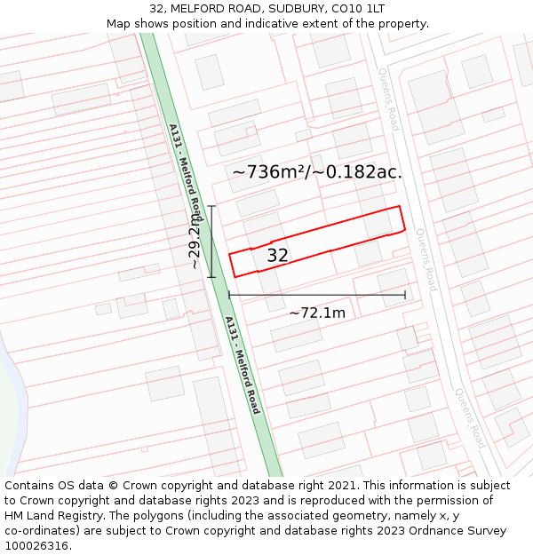 32, MELFORD ROAD, SUDBURY, CO10 1LT: Plot and title map