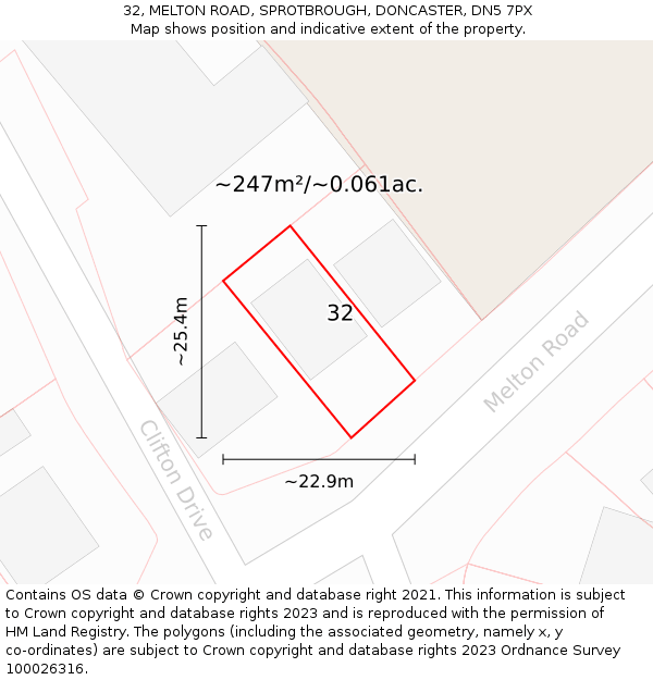 32, MELTON ROAD, SPROTBROUGH, DONCASTER, DN5 7PX: Plot and title map