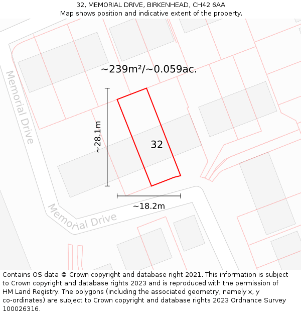 32, MEMORIAL DRIVE, BIRKENHEAD, CH42 6AA: Plot and title map