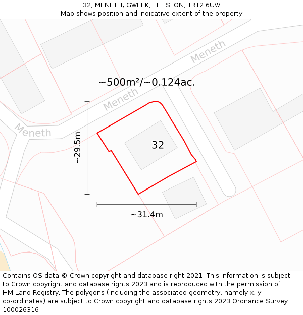 32, MENETH, GWEEK, HELSTON, TR12 6UW: Plot and title map