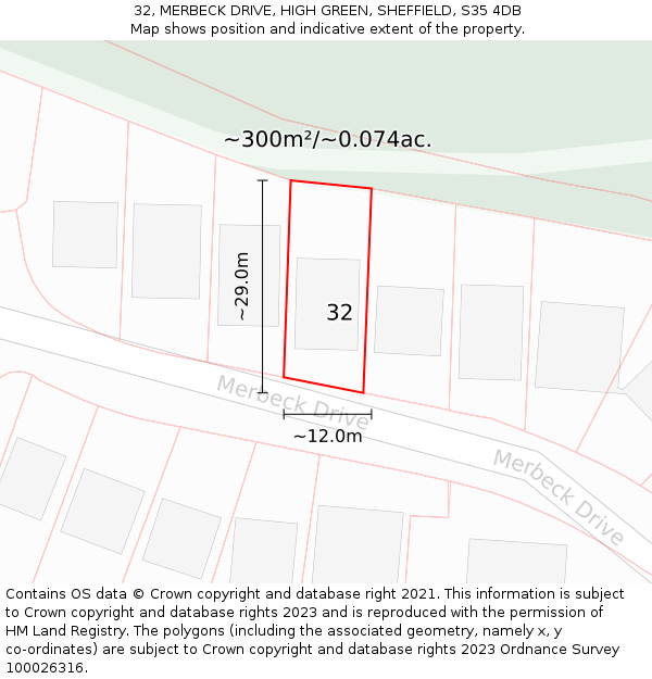 32, MERBECK DRIVE, HIGH GREEN, SHEFFIELD, S35 4DB: Plot and title map