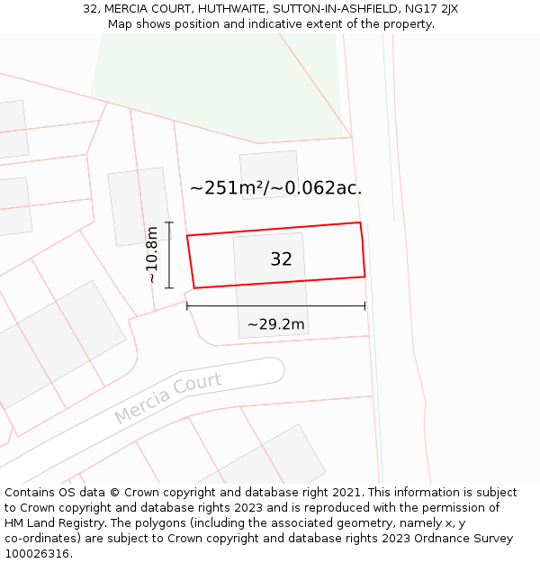 32, MERCIA COURT, HUTHWAITE, SUTTON-IN-ASHFIELD, NG17 2JX: Plot and title map