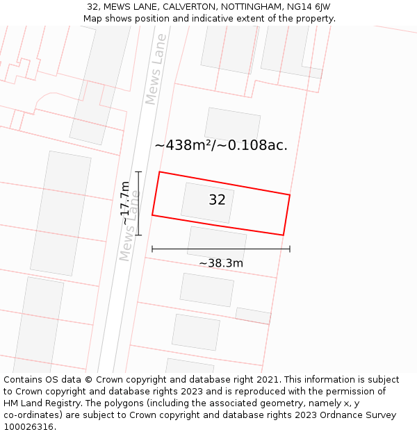 32, MEWS LANE, CALVERTON, NOTTINGHAM, NG14 6JW: Plot and title map