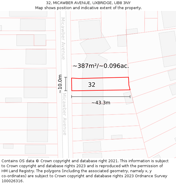 32, MICAWBER AVENUE, UXBRIDGE, UB8 3NY: Plot and title map