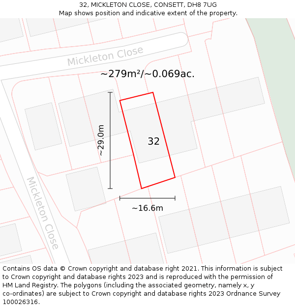 32, MICKLETON CLOSE, CONSETT, DH8 7UG: Plot and title map