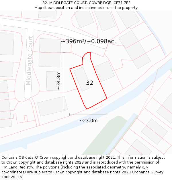 32, MIDDLEGATE COURT, COWBRIDGE, CF71 7EF: Plot and title map