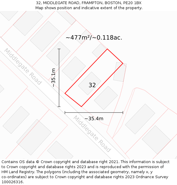 32, MIDDLEGATE ROAD, FRAMPTON, BOSTON, PE20 1BX: Plot and title map